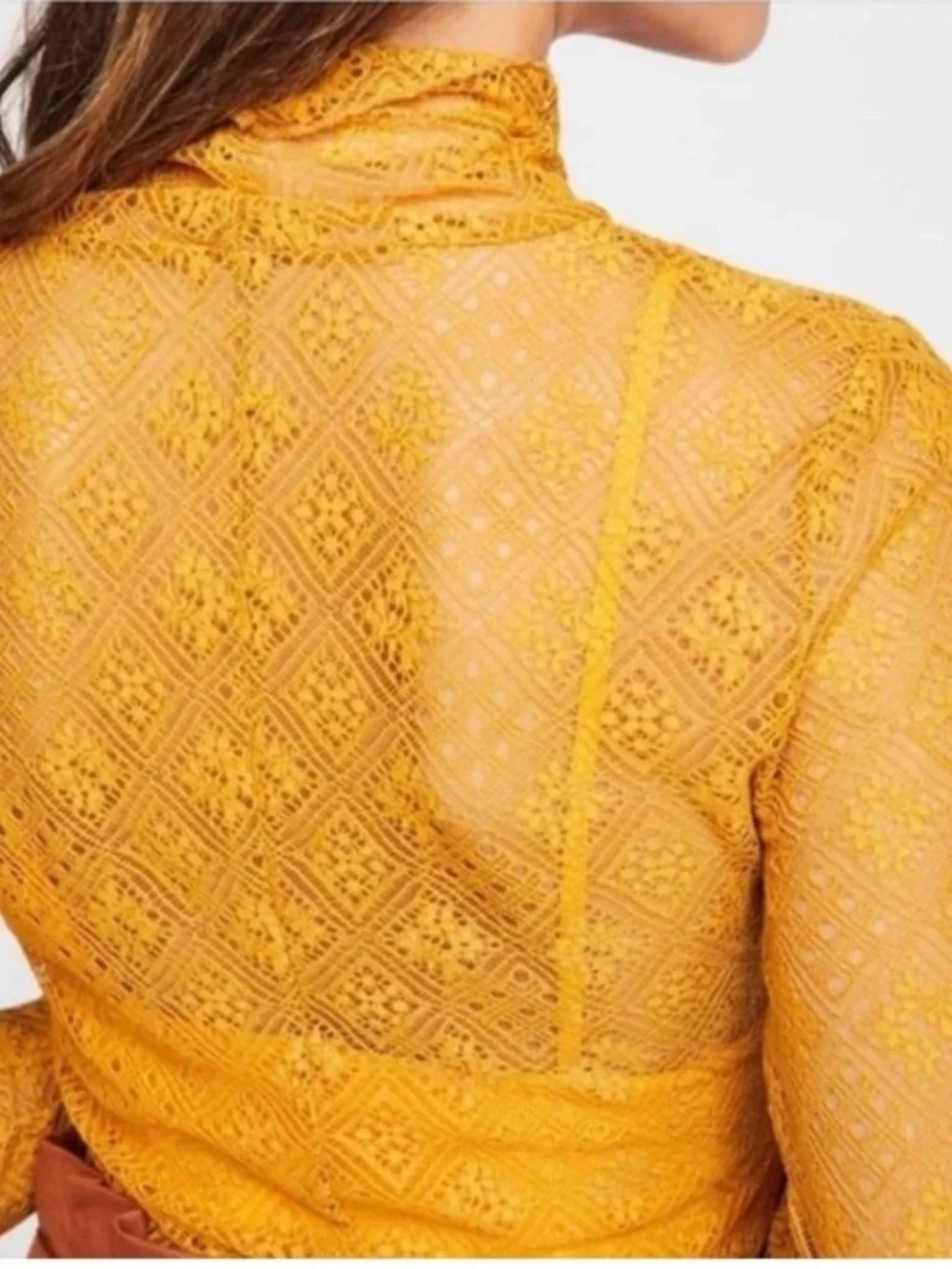 Intimately Free People Sweet Memories Sheer Lace Turtleneck Mustard Yellow XS - Picture 2 of 14